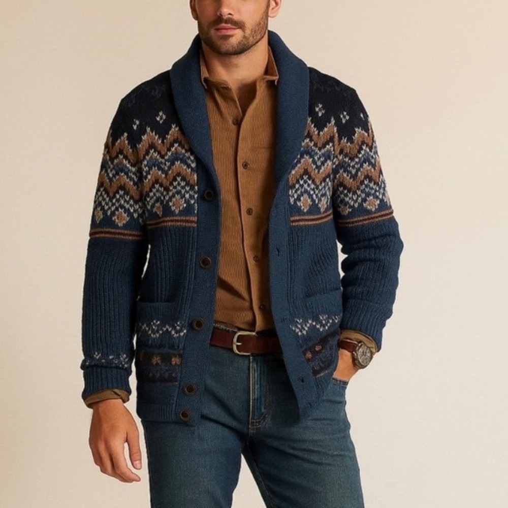 L.L. Bean Fair Isle Western Shawl Collar Cardigan Sweater
